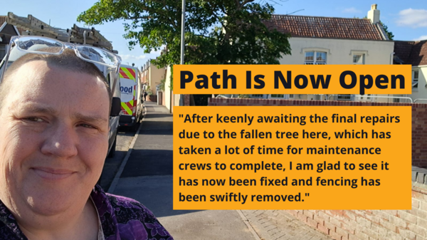 Laura on the now open pavement after a tree fell down, causing disruption and accessibility difficulty expressing she glad that this is now fixed after campaigning for better accessibility